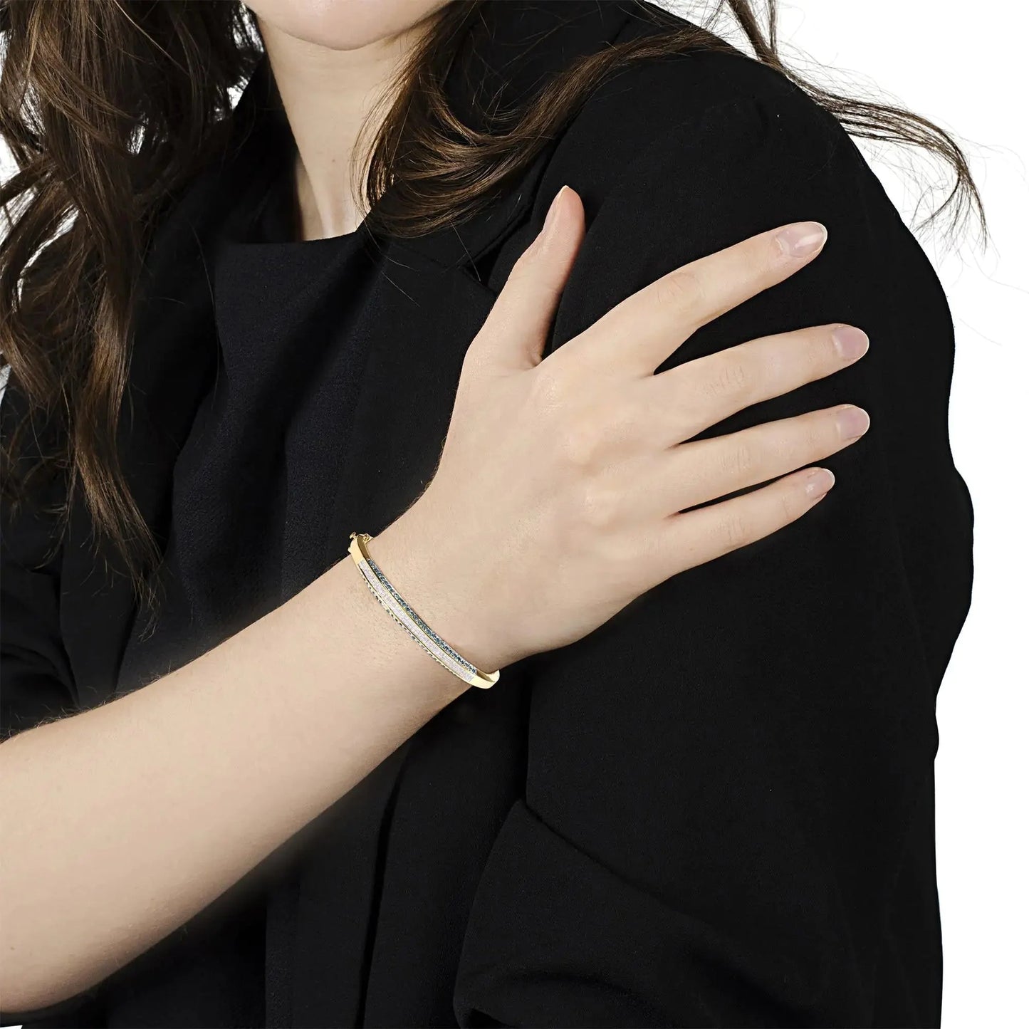 Pulsera de Brazalete de Diamantes Azules y Blancos de Oro Amarillo de 14K - Tamaño 7