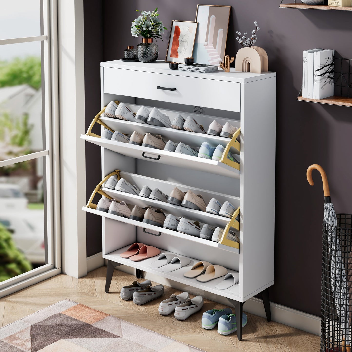 Shoe Cabinet , Shoe storage shelves, metal leg, White - Korvel