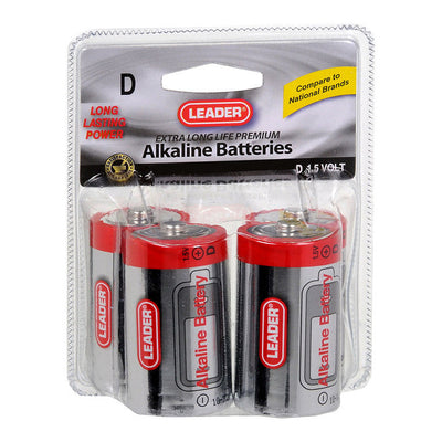 Leader Batteries Alkaline D Batteries, 1.5 Volt - 4 Count