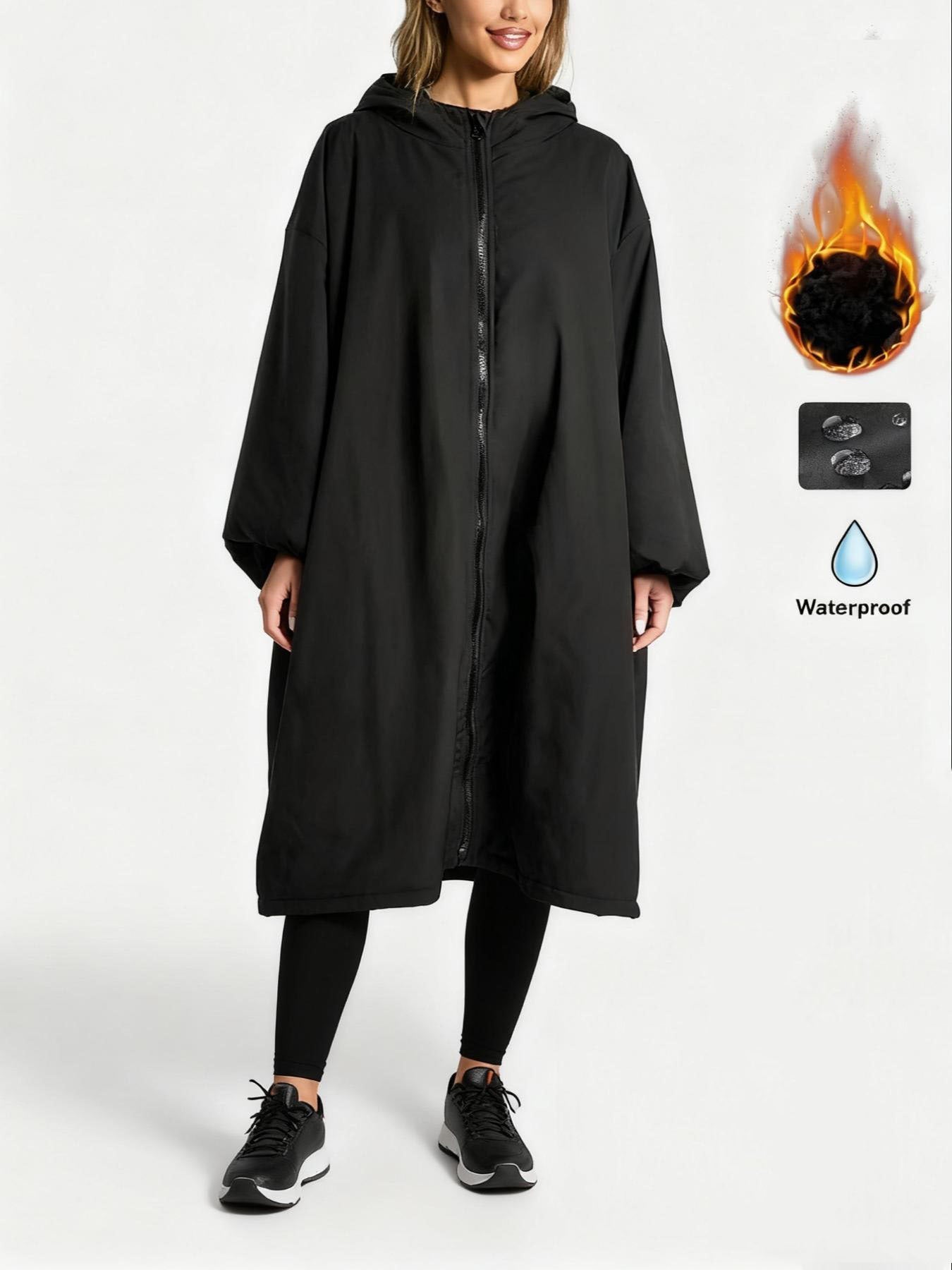 Manteau Trench Imprimé Léopard Doublé Fleece avec Capuche