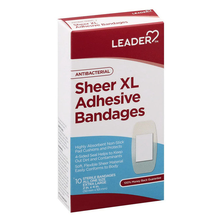 Leader Adhesive Bandages, Antibacterial, Sheer, XL - 10 Count
