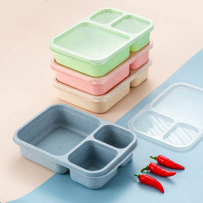 Microwaveable rectangular wheat straw compartment lunch box fresh-keeping lunch box - Korvel