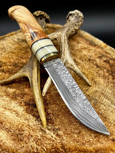 Exquisite Custom Damascus Steel Hunting Knife with Bone and Olive Wood Handle - Korvel