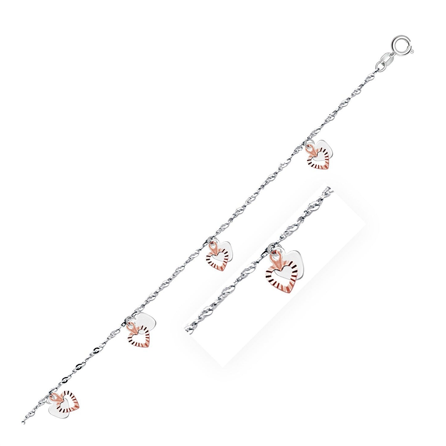 Bracelet de cheville en or blanc et rose 14k avec charmes en forme de cœur doubles