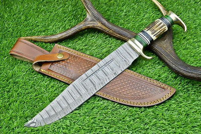 Exquisite Custom Damascus Steel Bowie Knife with Stag Horn Handle – 16" Blade & Leather Sheath - Korvel