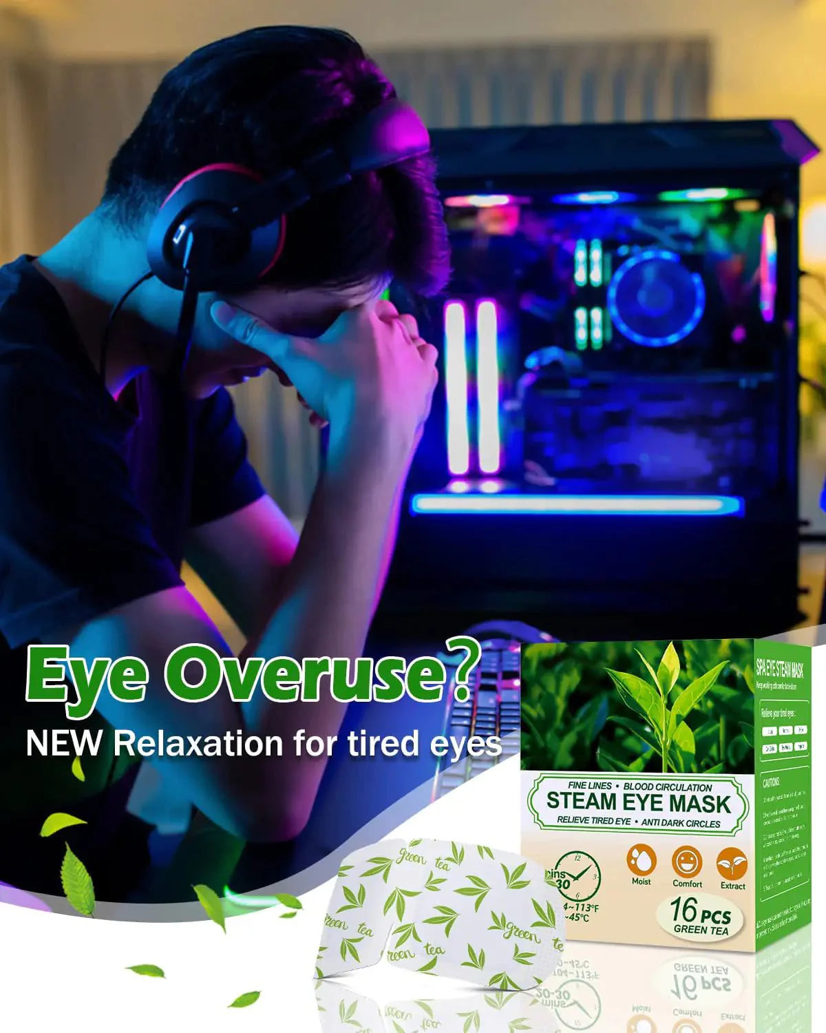 Green Tea Steam Eye Masks - 16 Pack for Relaxation