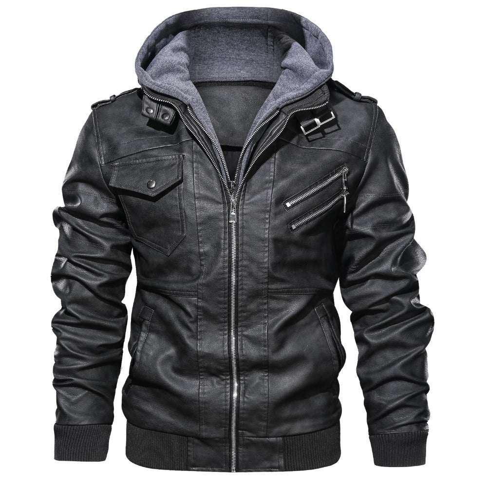 Men's PU Leather Bomber Jacket with Removable Collar