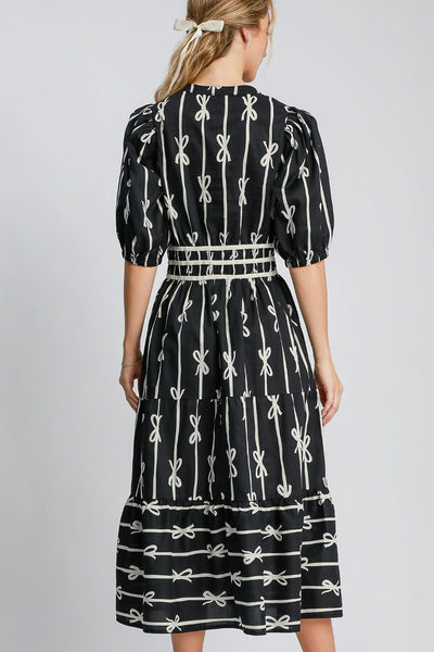 Bow Tie Print Notched Velvet Trim Midi Dress
