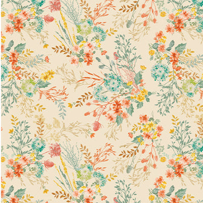 Tela de Algodón Floral Montgomery Crema/Multi - 44"/45" por Yarda