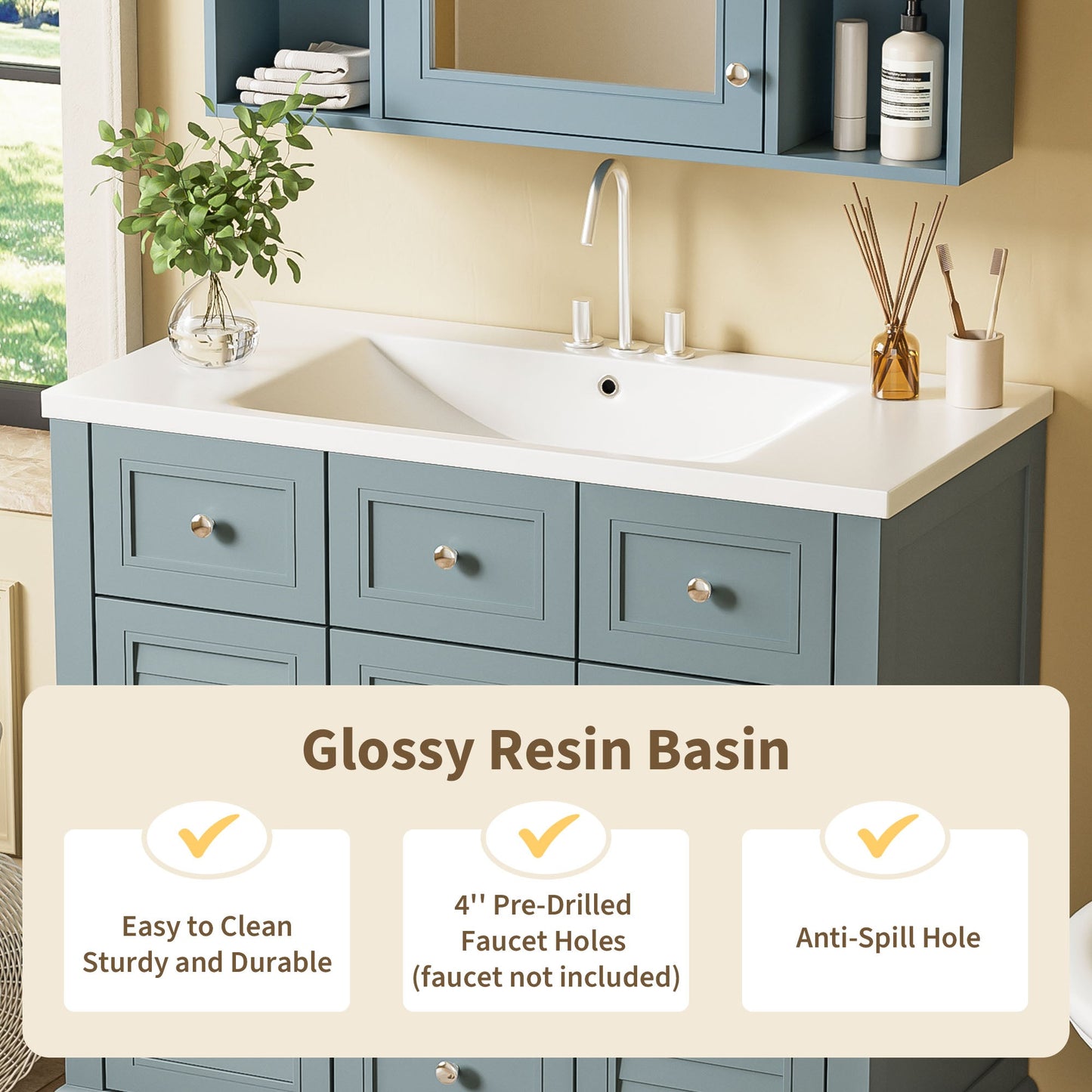 36 "bathroom makeup cabinet with resin sink combination and 2 drawers, with soft closing door, blue color - Korvel
