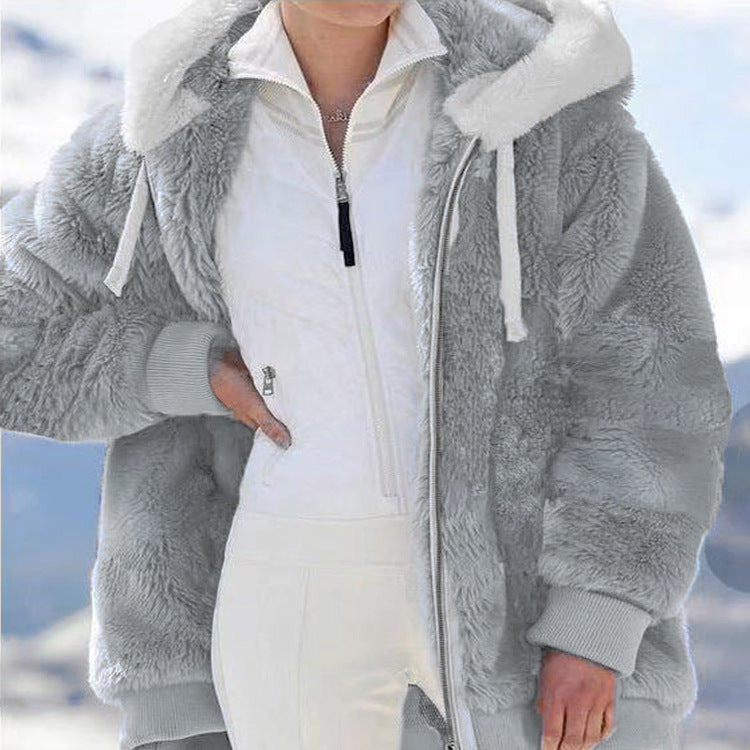 Autumn and Winter Loose Plush Zipper Hooded Jacket