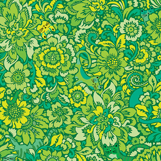 Tela de algodón del mundo de Cheeto de Elegant Kitties Grass 44"/45" por yarda