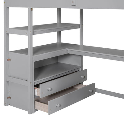 Twin Size Loft Bed with Desk and Shelves Two Built-in Drawers, Storage Staircase Gray - Korvel