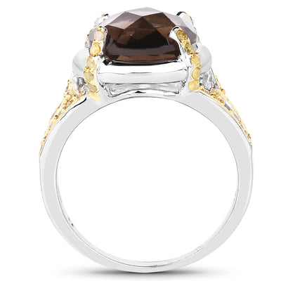 Bague en argent sterling avec quartz fumé de 3,28 carats et diamants jaunes