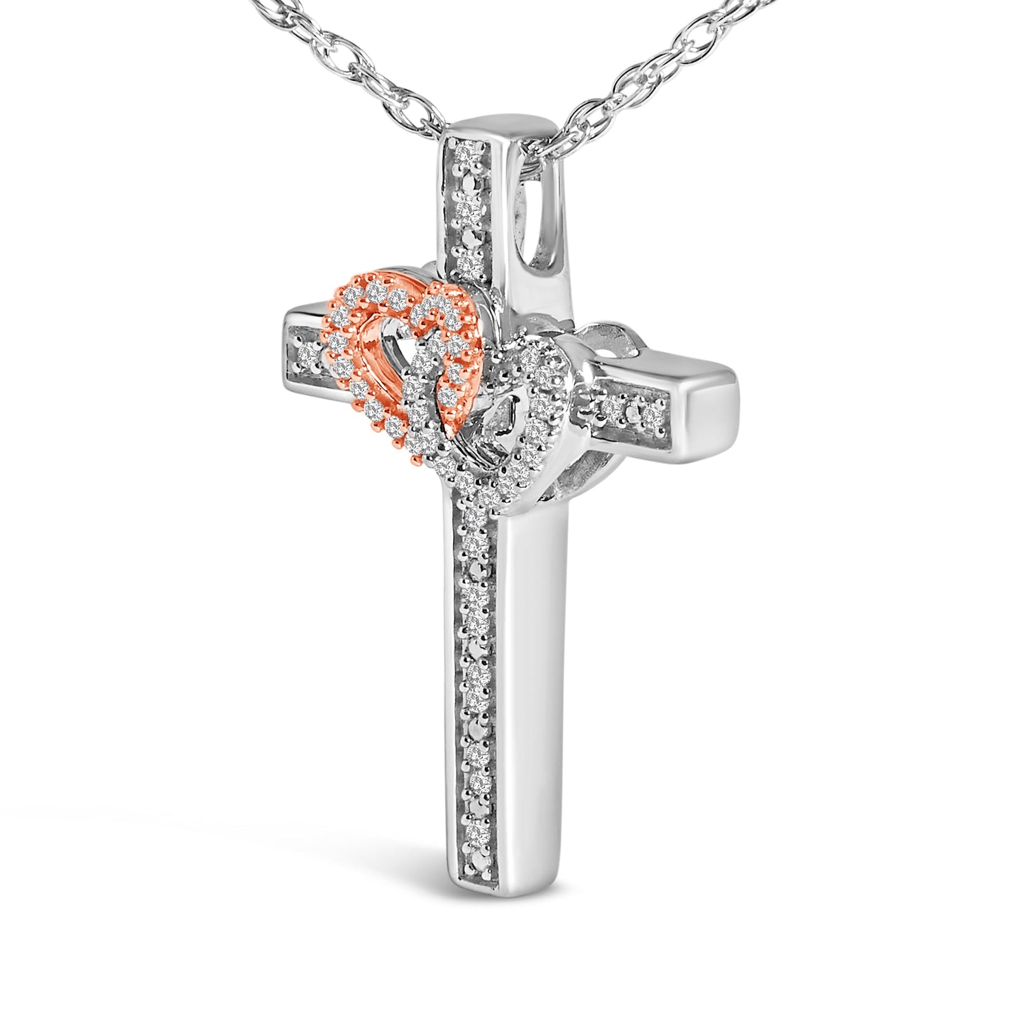Collier Pendentif Croix et Cœur en Or Rose 14K Plaqué Diamant