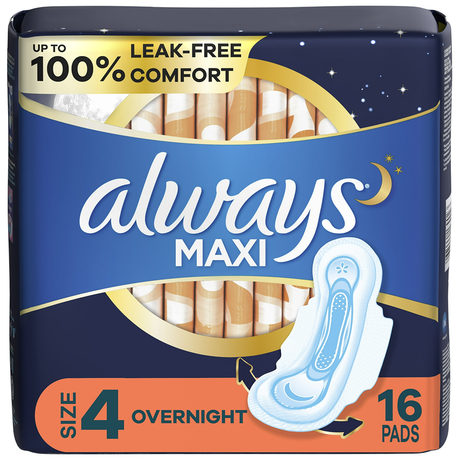 Always Maxi Overnight Pads With Wings, Size 4, 16 Count