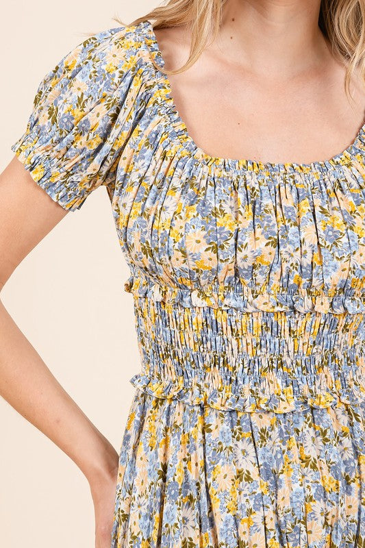 Summer Flower Print Puff Sleeve Maxi Dress