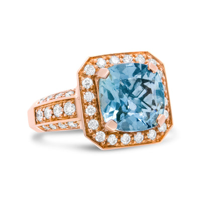 Anillo de Compromiso Halo de Acuamarina y Diamantes en Oro Rosa de 18K - Talla 6.5