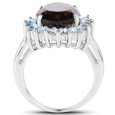 Bague en argent sterling avec quartz fumé de 6,79 carats et topaze bleue