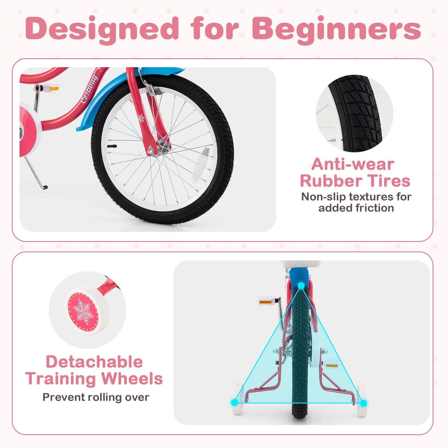 Vélo pour filles de 18 pouces avec siège pour poupée et roues d'entraînement