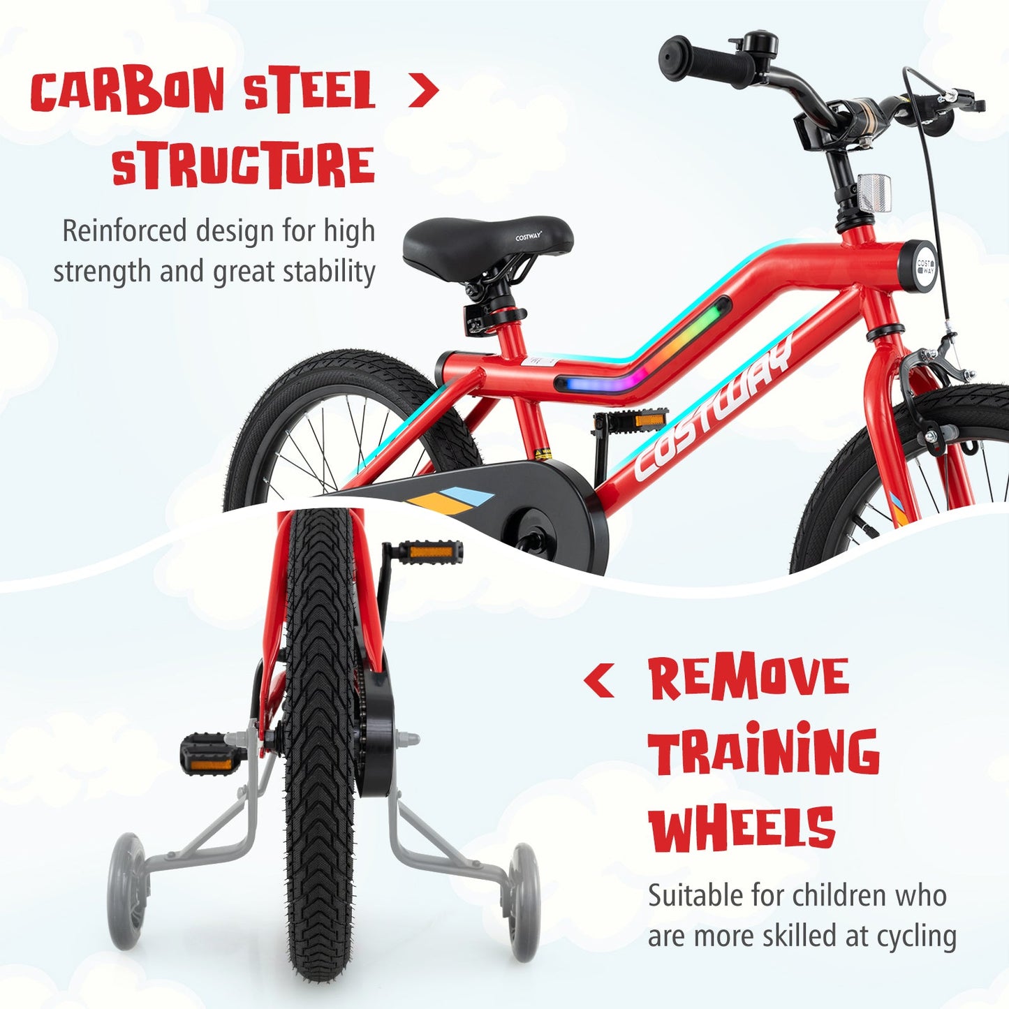 Bicicleta para Niños de 18 Pulgadas con Luces LED - Bicicleta de Acero Carbono Ajustable