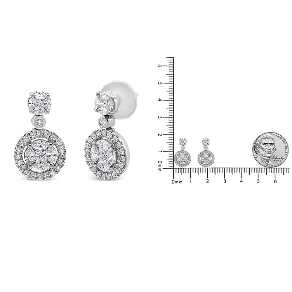 Pendientes de aro colgantes con halo de diamantes en oro blanco de 18 quilates
