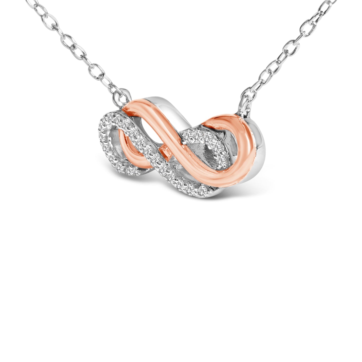 Collier Pendentif Double Infini en Argent Sterling Plaqué Or Rose 14K avec Accent de Diamant