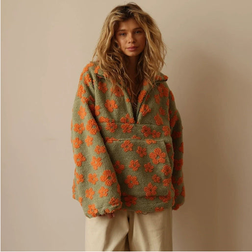 Winter Flowers Lambskin Sweatshirt with Big Pocket