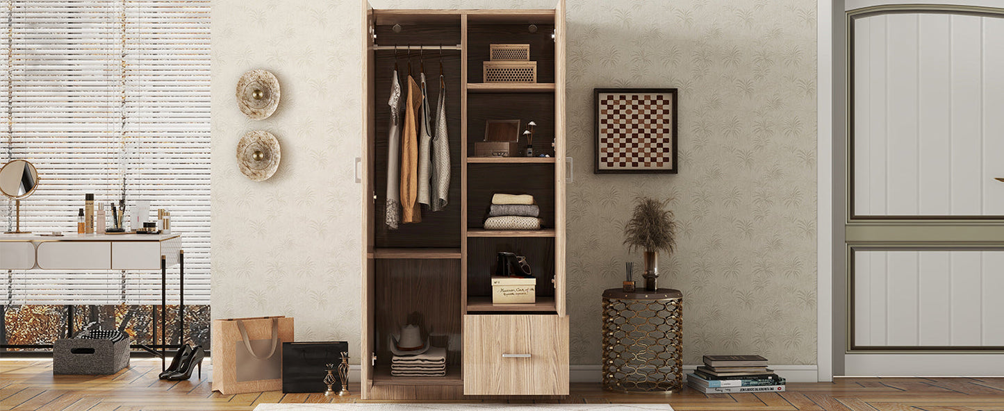 Wooden Wardrobe with Double Doors, Armoire with Hanging Rod, 5 Fixed Shelves, One Storage Drawer,Natural - Korvel