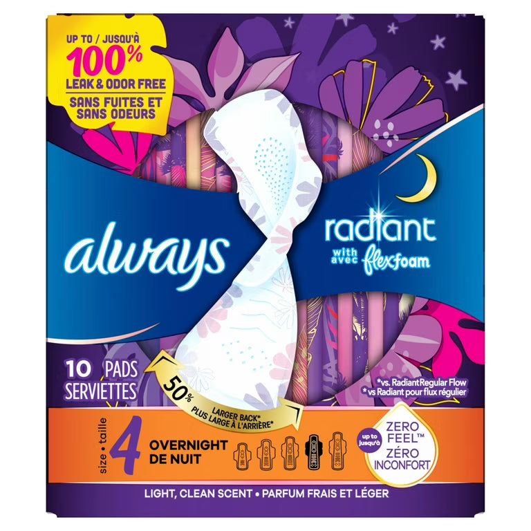Always Radiant Size 4 Overnight FlexFoam Pads with Wings - 10 Count