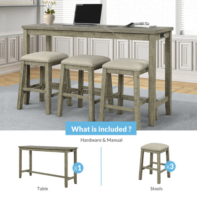 TOPMAX 4 Pieces Counter Height Table with Fabric Padded Stools,Rustic Bar Dining Set with Socket,Gray Green - Korvel