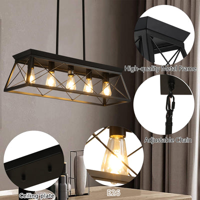 5-light farmhouse pendant light, metal pendant light island fixture, modern rectangular island light, pure black (no bulb) - Korvel