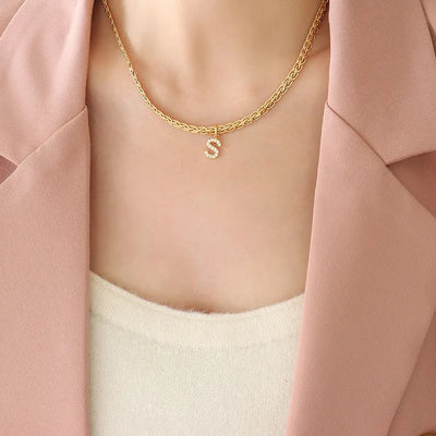 Brass Inlaid Zircon Letter Pendant Necklace - Korvel
