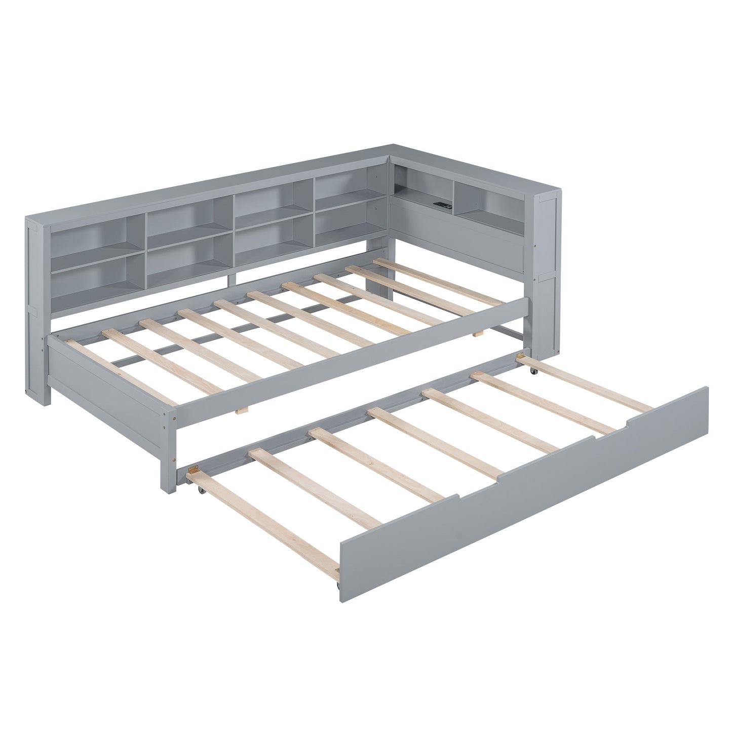 Wooden Twin Size DayBed with Twin Size Trundle, DayBed with Storage Shelf and USB Charging Ports,Grey - Korvel