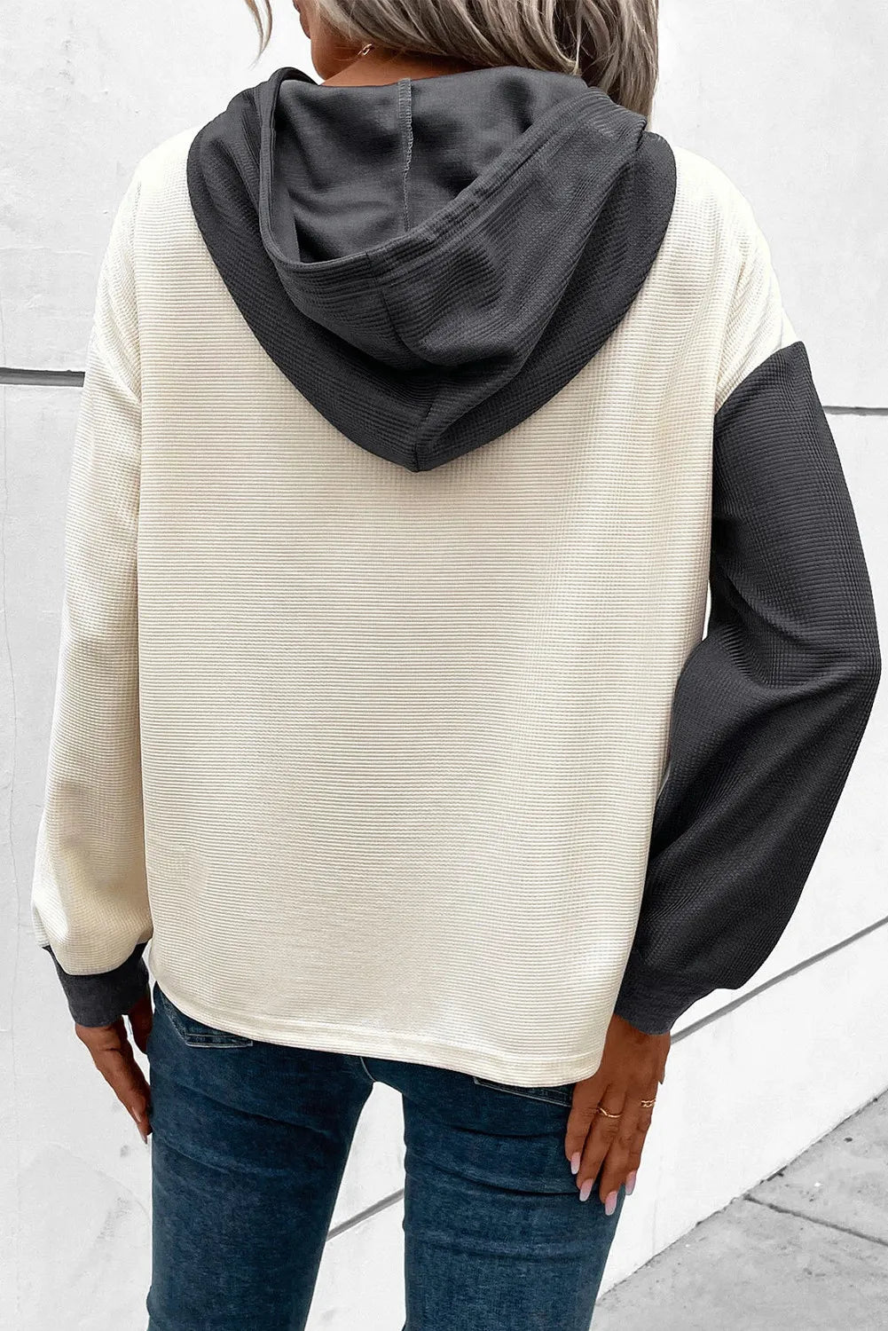 Drawstring Quarter Button Contrast Long Sleeve Hoodie - Korvel