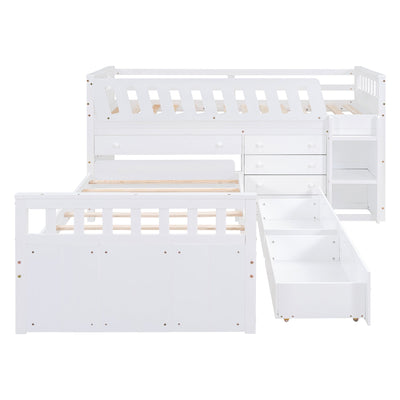 L-shaped Space-Saving Twin Loft Bed with 7 Drawers - White