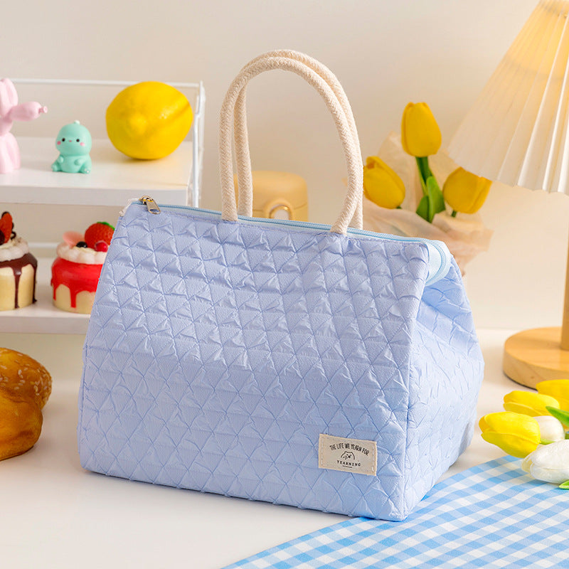 ins style small fresh outdoor large capacity picnic insulation and cold storage bag fashionable diamond pattern zipper lunch box bag student lunch bag - Korvel