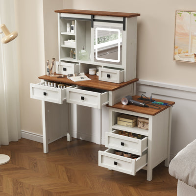 46.5-inch dressing table with adjustable LED lighting mirror and charging station, equipped with soft cushioned stool - Korvel