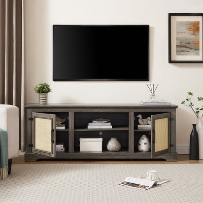 Vine TV stand console table, suitable for TVs under 70 inches, equipped with 2 storage shelves and 2 natural rattan doors, gray - Korvel