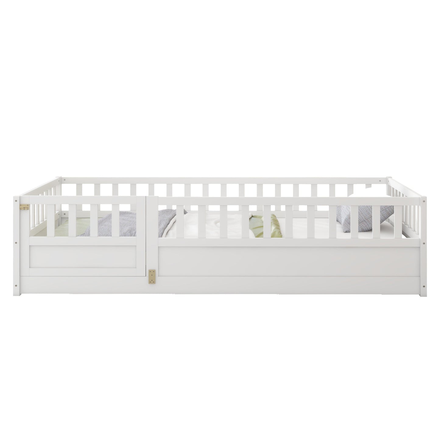 Double bed floor standing bed with ultra-high safety barrier, children's floor standing bed frame, Montessori wooden white - Korvel
