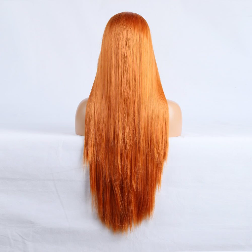 Long Straight Hair 13*2.5 Orange Chemical Fiber Front Lace Wig Head Cover Natural Hairline - Korvel