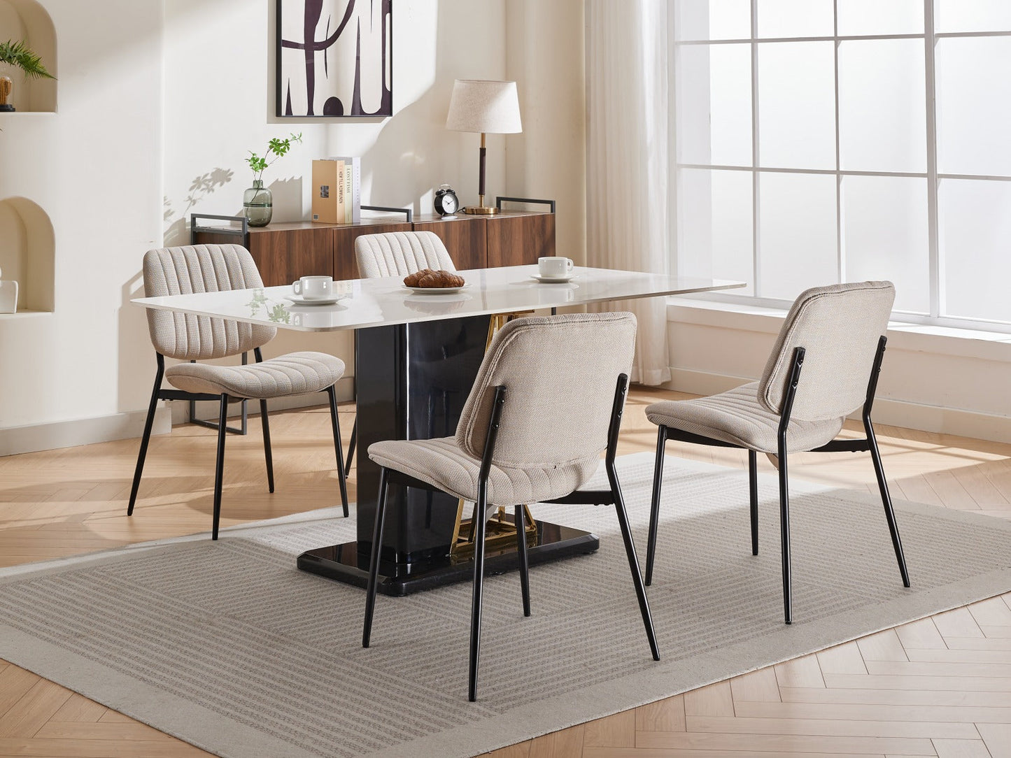 2-piece retro linen chair set with curved wooden backrest, cushioned seat, adjustable metal legs, (Beige Linen) - Korvel