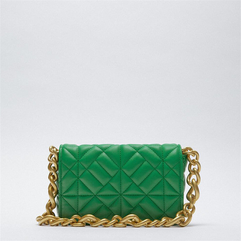 Elegante bolso de hombro pequeño verde con solapa y cadena de metal