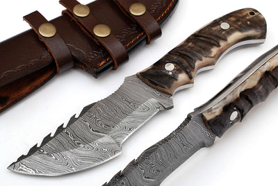 Premium Full Tang Tracker Knife - Damascus Steel Blade, 9.5-Inch Micarta Handle with Leather Sheath - Korvel
