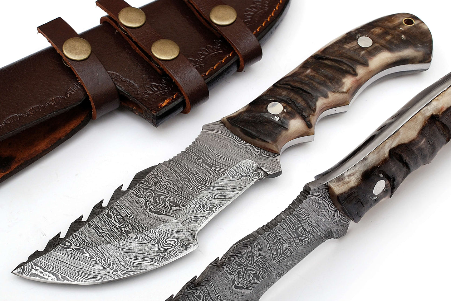 Premium Full Tang Tracker Knife - Damascus Steel Blade, 9.5-Inch Micarta Handle with Leather Sheath - Korvel