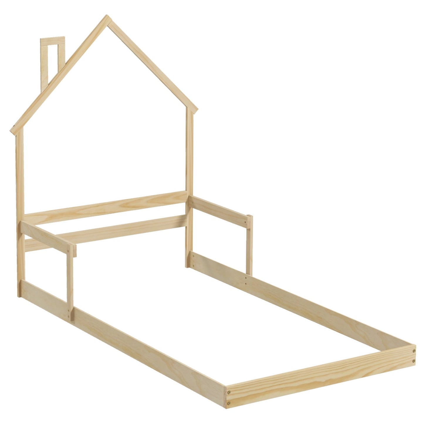 Lit de sol taille twin avec cheminée et rampe - Bois naturel