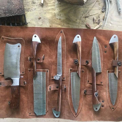 Premium 6-Piece Rosewood Kitchen Knife Set with Exquisite Damascus Steel Blades - Culinary Mastery in a Leather Case - Korvel