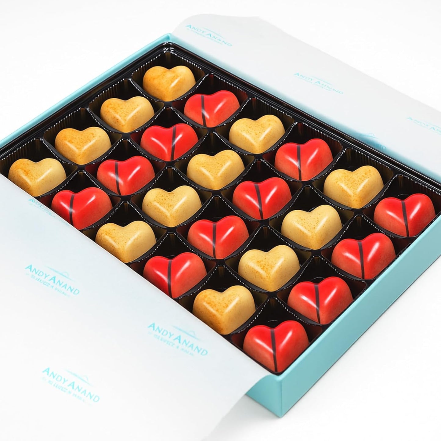 Caja de Regalo de Corazones de Chocolate Blanco Sin Gluten 60% de Andy Anand – 24 Piezas