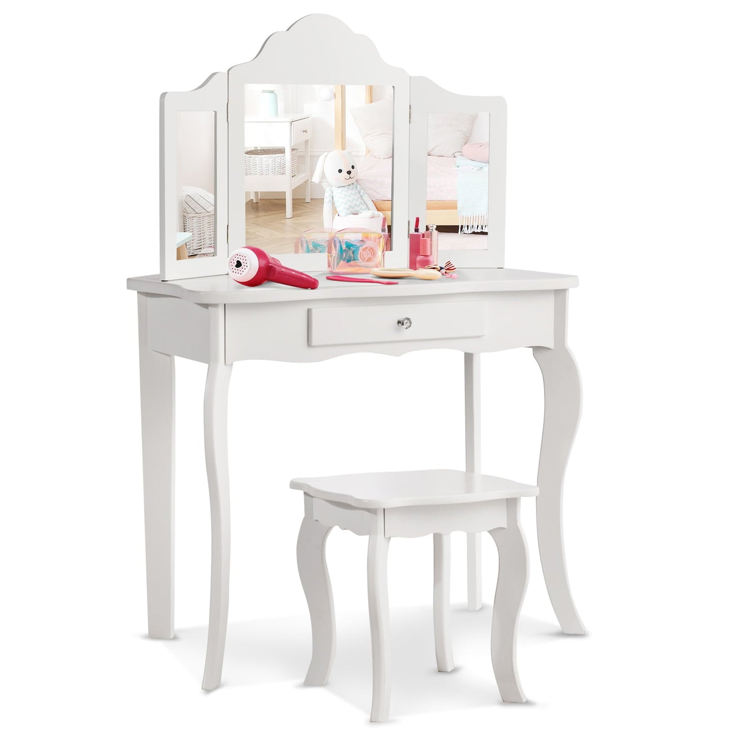Conjunto de Espejo de Maquillaje Infantil con Mesa y Taburete