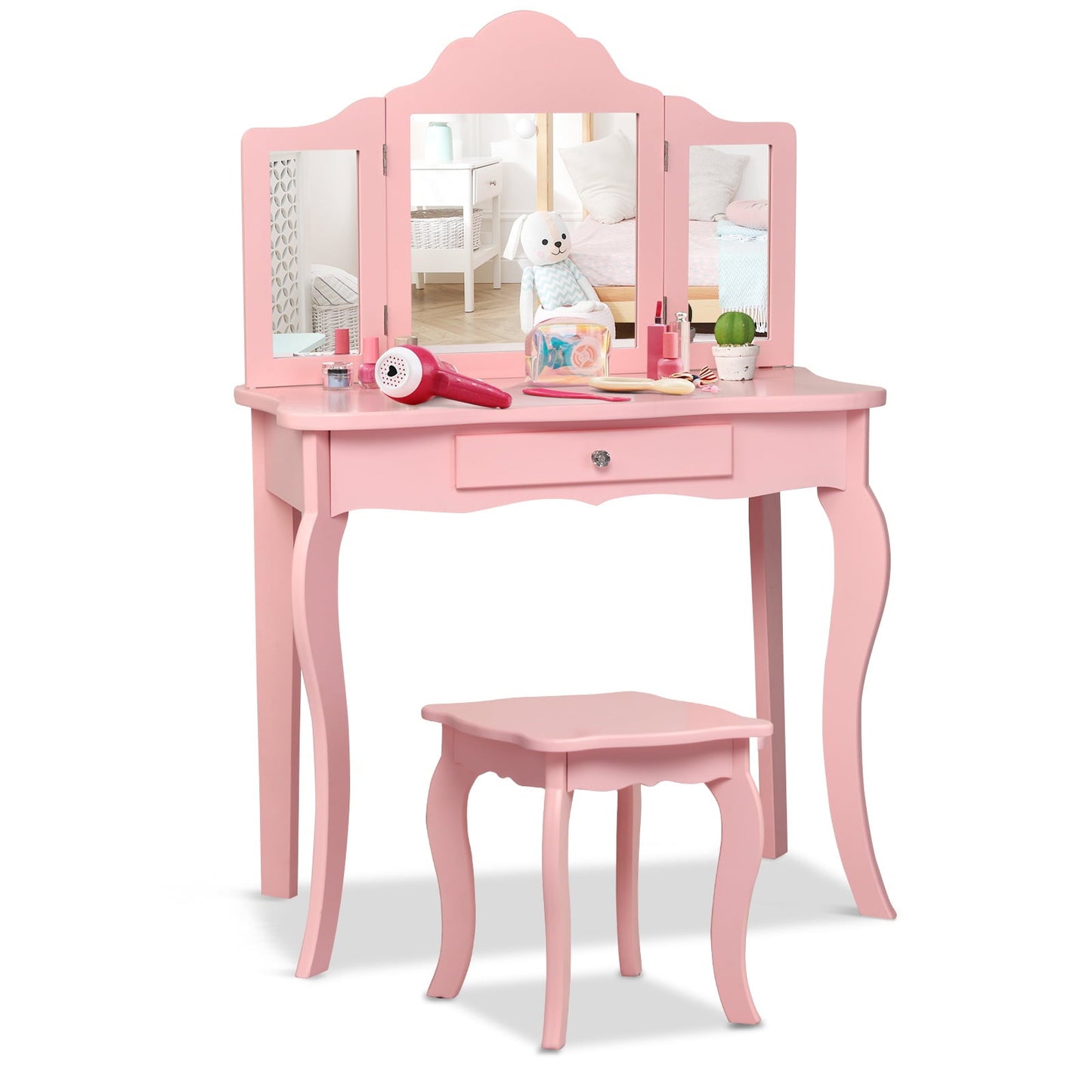 Conjunto de Mesa de Vanity con Espejo de Maquillaje Rosa para Niños